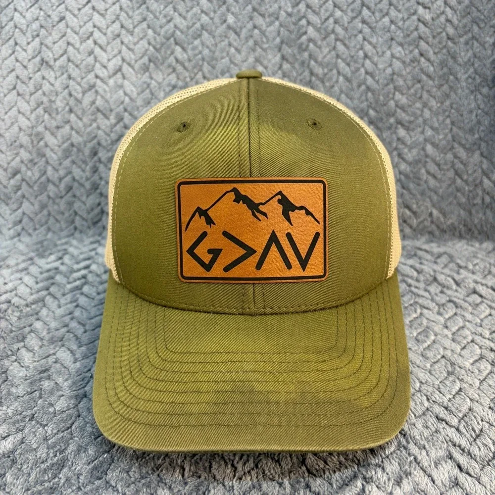 God Is Greater Than The Highs Lows Trucker Hat Green Tan Mesh Snapback Cap